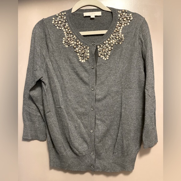 Dark Grew Jeweled Neckline Cardigan, Loft, Size Large - Picture 2 of 5